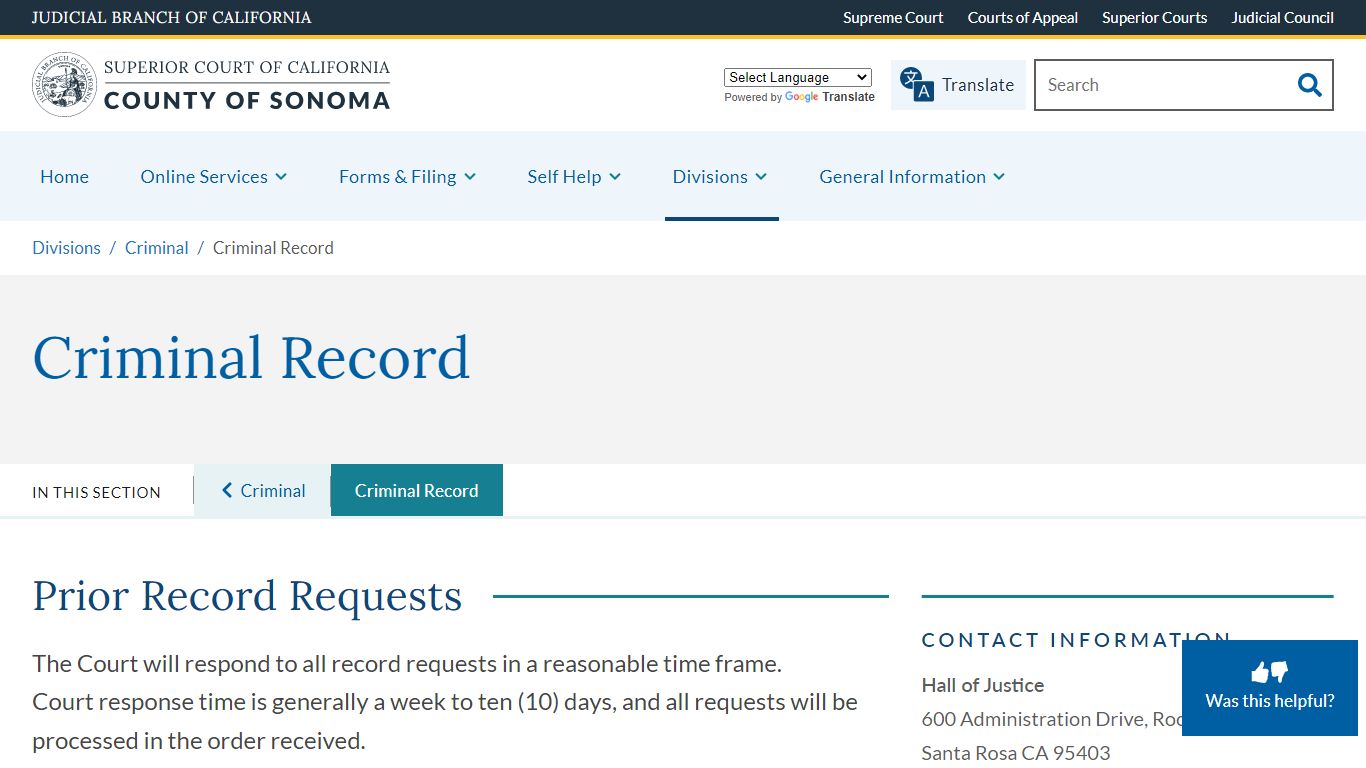 Criminal Record | Superior Court of California | County of Sonoma